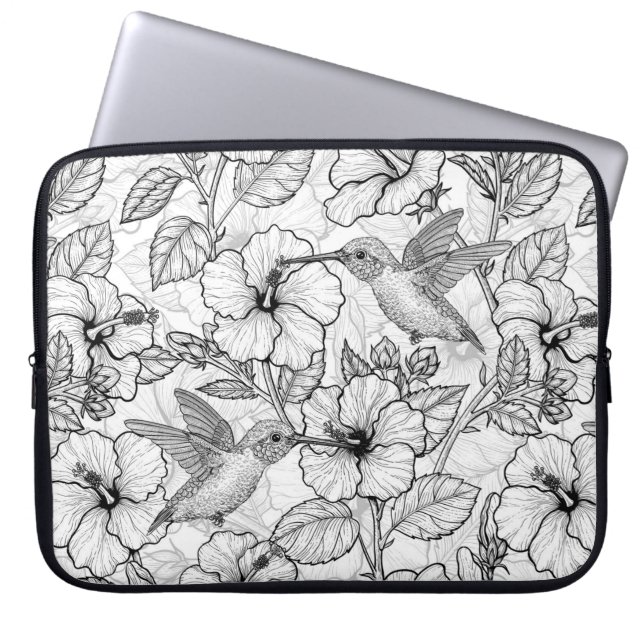 Hummingbirds and hibiscus flowers b&w laptop sleeve (Front)