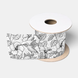 Hummingbirds and hibiscus flowers b&w satin ribbon