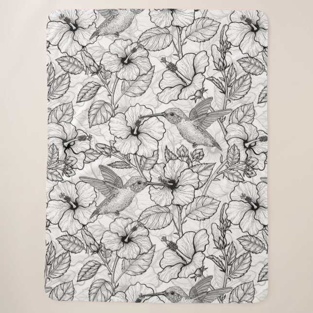 Hummingbirds and hibiscus flowers b&w sherpa blanket (Front)