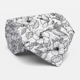 Hummingbirds and hibiscus flowers b&w tie