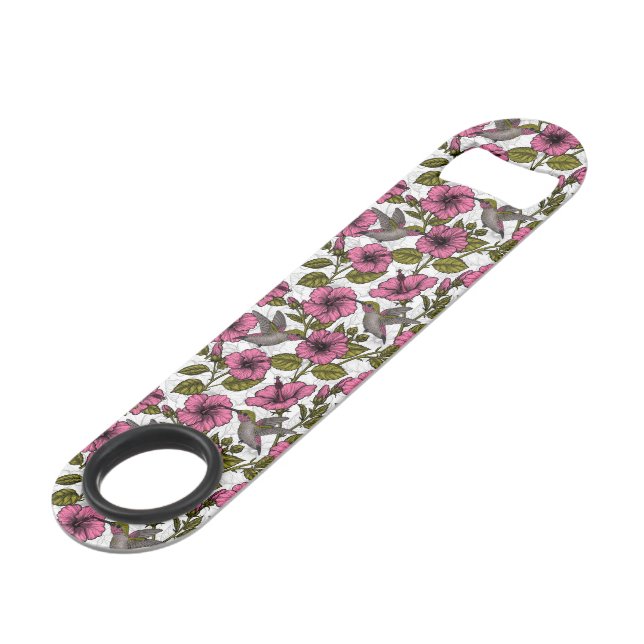 Hummingbirds and pink hibiscus flowers bar key (Front Angled)