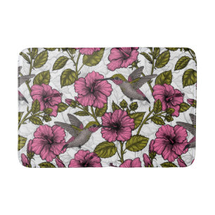 Hummingbirds and pink hibiscus flowers bath mat