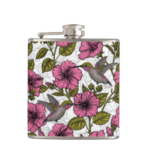Hummingbirds and pink hibiscus flowers hip flask