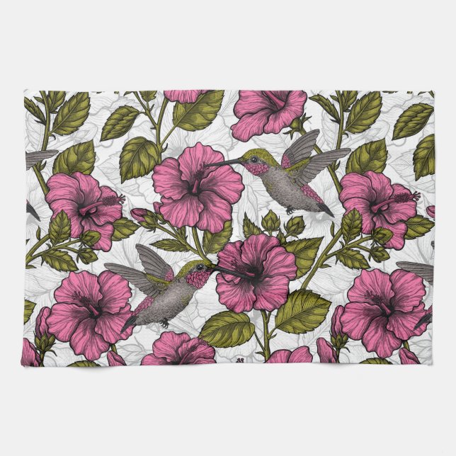 Hummingbirds and pink hibiscus flowers kitchen towel (Horizontal)