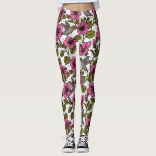 Hummingbirds and pink hibiscus flowers leggings