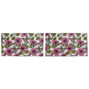 Hummingbirds and pink hibiscus flowers pillowcase
