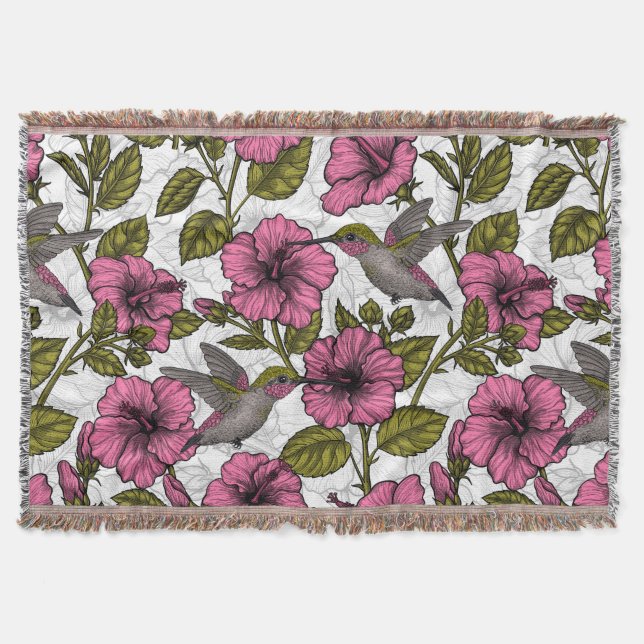 Hummingbirds and pink hibiscus flowers throw blanket (Front)