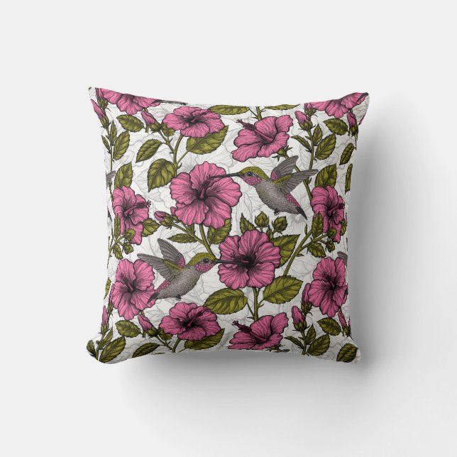 Hummingbirds and pink hibiscus flowers throw pillow (Front)