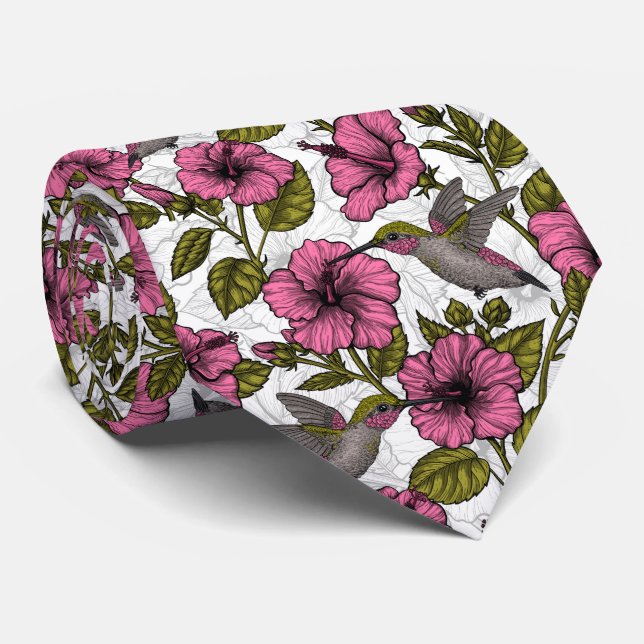 Hummingbirds and pink hibiscus flowers tie (Rolled)
