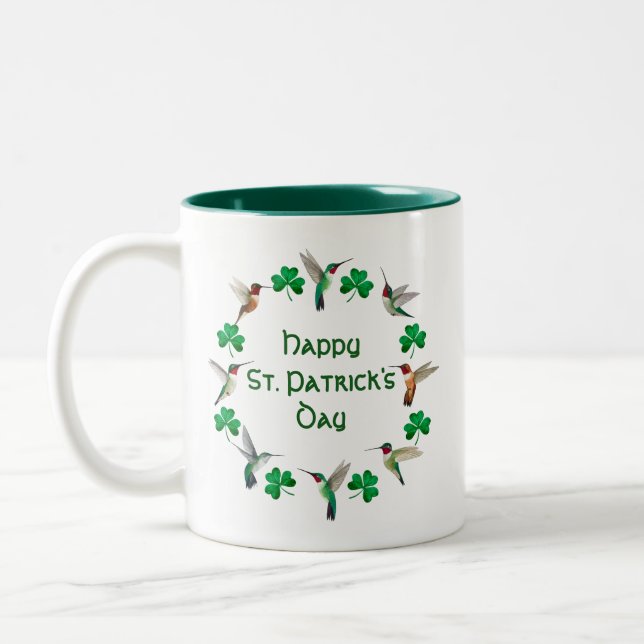 Hummingbirds and Shamrocks Happy St. Patrick's day Two-Tone Coffee Mug (Left)