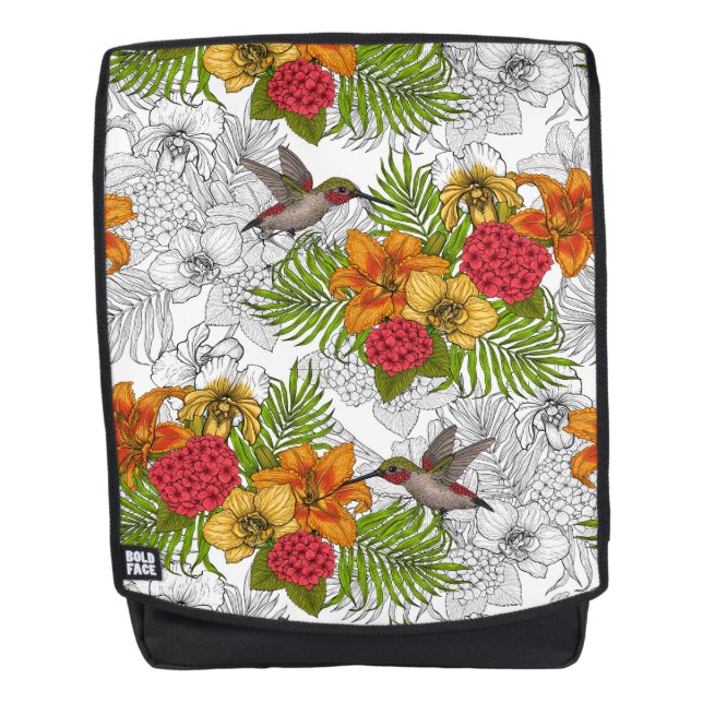 Hummingbirds and tropical bouquet backpack (Front)