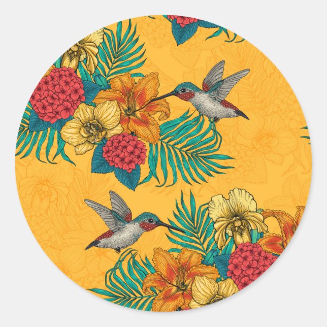 Hummingbirds and tropical bouquet in yellow classic round sticker (Front)