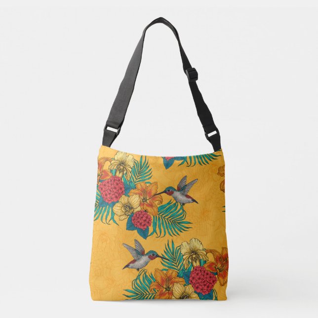 Hummingbirds and tropical bouquet in yellow crossbody bag (Front)