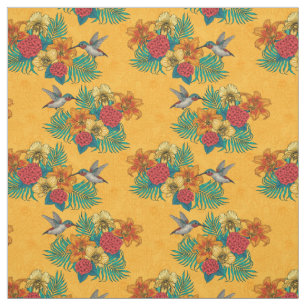 Hummingbirds and tropical bouquet in yellow fabric