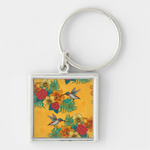 Hummingbirds and tropical bouquet in yellow keychain