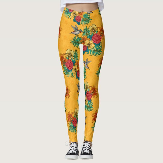 Hummingbirds and tropical bouquet in yellow leggings (Front)