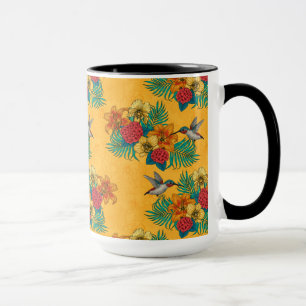 Hummingbirds and tropical bouquet in yellow mug