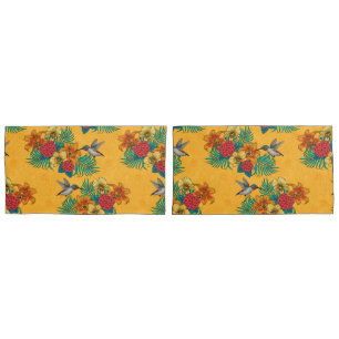 Hummingbirds and tropical bouquet in yellow pillowcase