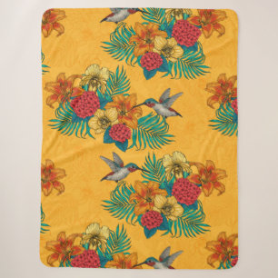 Hummingbirds and tropical bouquet in yellow sherpa blanket