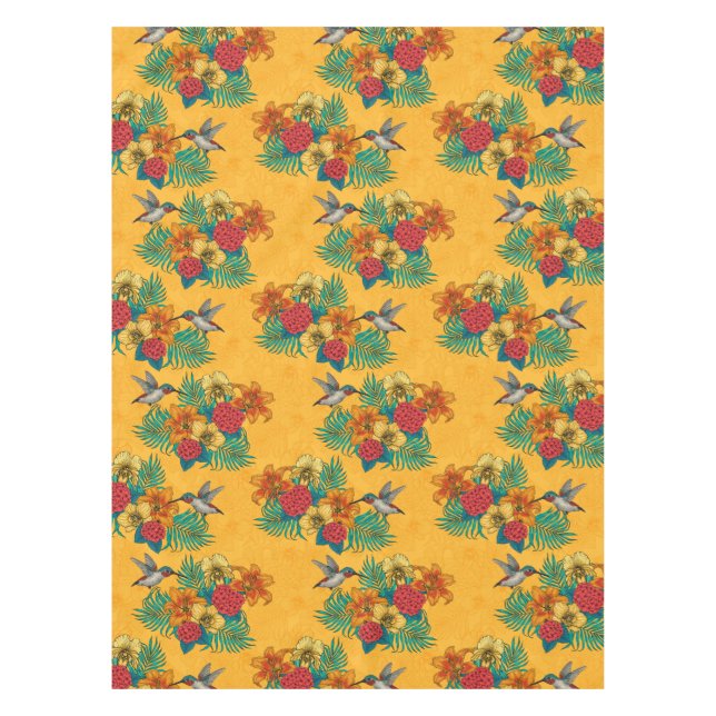 Hummingbirds and tropical bouquet in yellow tablecloth (Front)