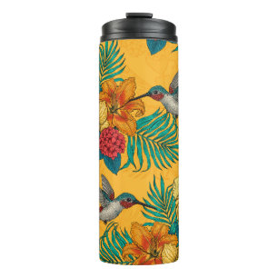 Hummingbirds and tropical bouquet in yellow thermal tumbler