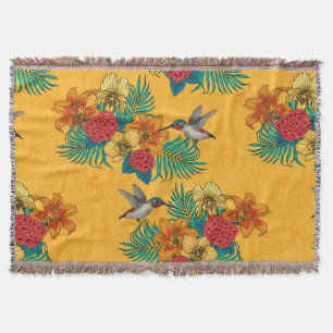 Hummingbirds and tropical bouquet in yellow throw blanket