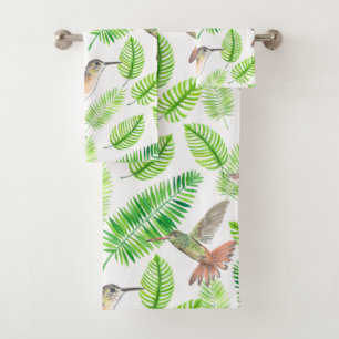 Hummingbirds and tropical leaves bath towel set