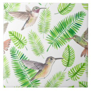 Hummingbirds and tropical leaves tile
