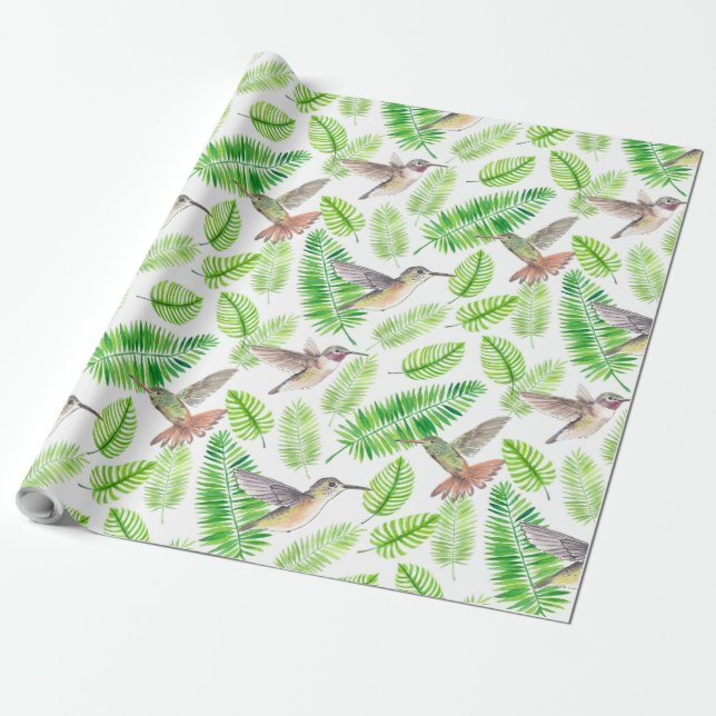 Hummingbirds and tropical leaves wrapping paper (Unrolled)