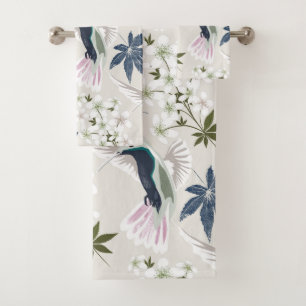 Hummingbirds and white flowers. bath towel set