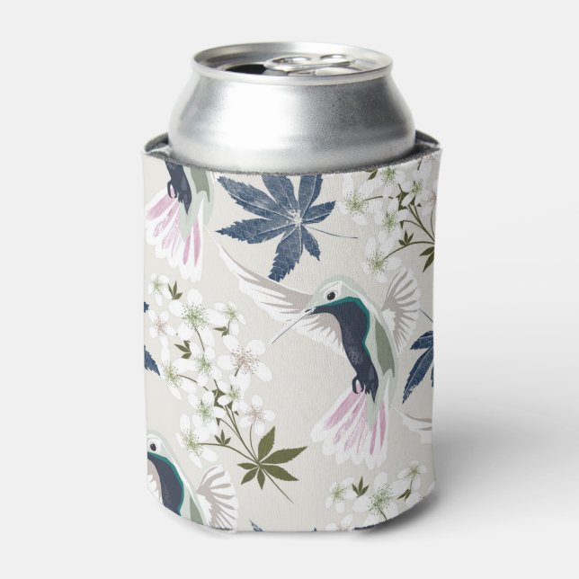 Hummingbirds and white flowers. can cooler (Can Front)
