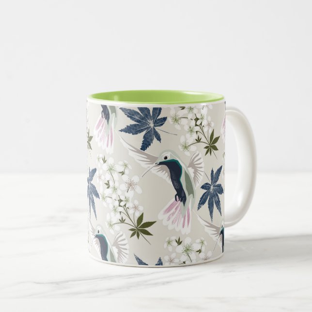 Hummingbirds and white flowers. Two-Tone coffee mug (Front Right)
