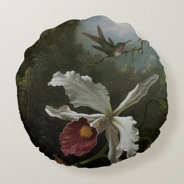 Hummingbirds and White Orchid by Martin J. Heade Round Pillow (Back)
