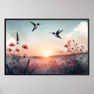 Hummingbirds and Wildflowers With Optional Frame Poster