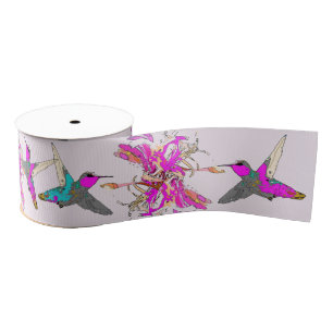 Hummingbirds Floral Pink Flowers Grosgrain Ribbon
