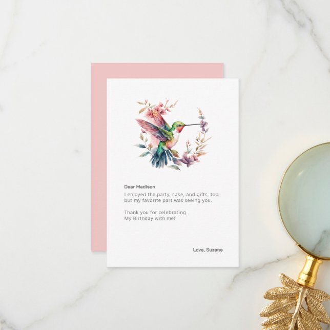 Hummingbirds Floral Wreath Bithday Party Thank You Card (Front/Back In Situ)
