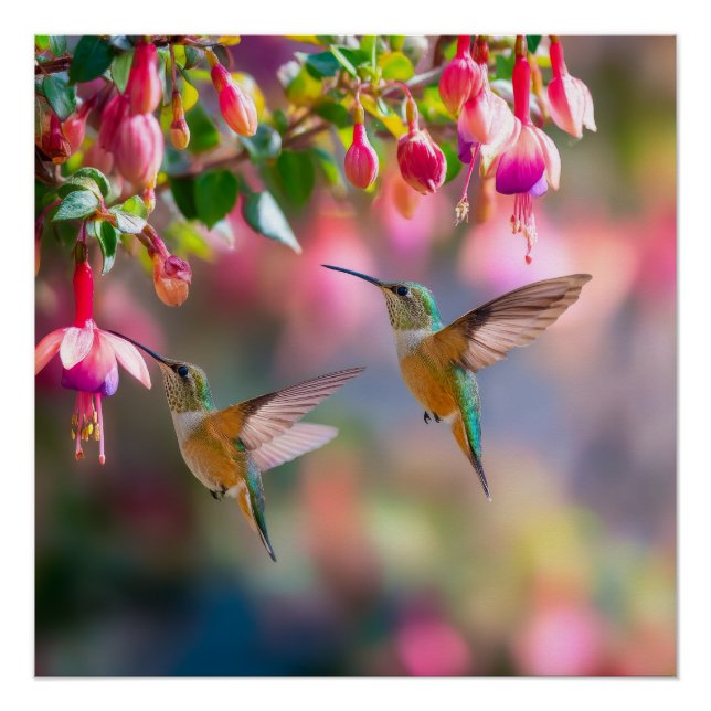 Hummingbirds Fuchsia Flowers Iridescent Dance Poster (Front)