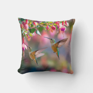 Hummingbirds Fuchsia Flowers Iridescent Glow Throw Pillow
