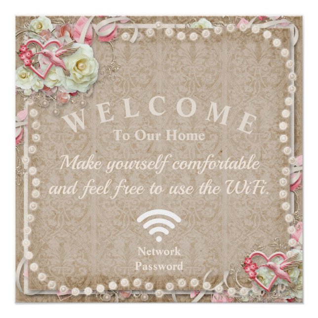 Hummingbirds Hearts Flowers Welcome Wifi Password Poster (Front)