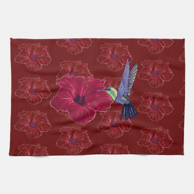 Hummingbirds Hibiscus Floral Art Kitchen Towel (Horizontal)