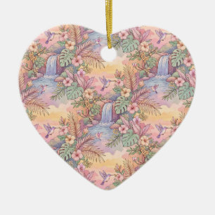 Hummingbirds Hibiscus Waterfall Cheerful  Ceramic Ornament