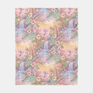 Hummingbirds Hibiscus Waterfall Cheerful  Fleece Blanket