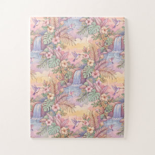 Hummingbirds Hibiscus Waterfall Cheerful  Jigsaw Puzzle