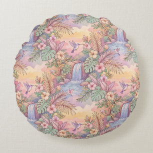 Hummingbirds Hibiscus Waterfall Cheerful Round Pillow