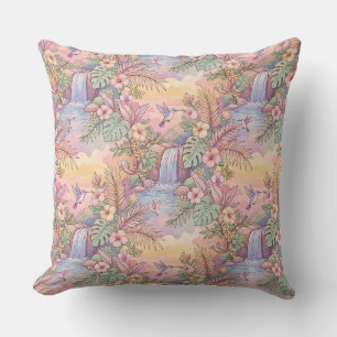 Hummingbirds Hibiscus Waterfall Cheerful Throw Pillow