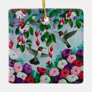 Hummingbirds in Fuchsia Flower Garden Ceramic Ornament