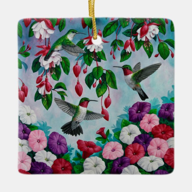 Hummingbirds in Fuchsia Flower Garden Ceramic Ornament (Front)