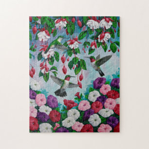 Hummingbirds in Fuchsia Flower Garden Jigsaw Puzzle