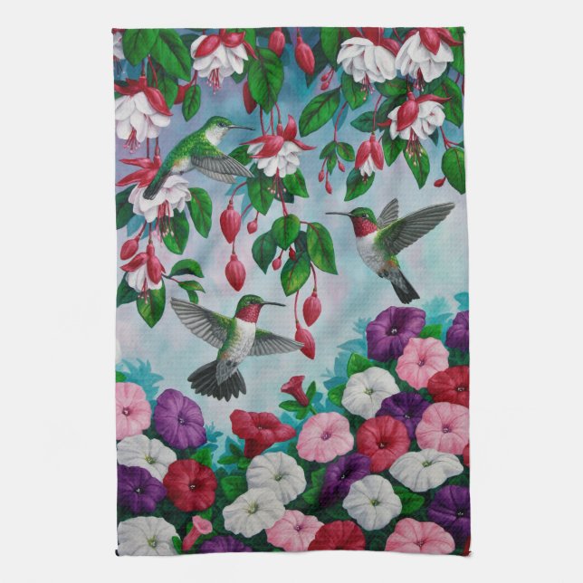 Hummingbirds in Fuchsia Flower Garden Kitchen Towel (Vertical)