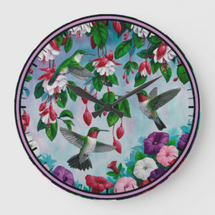 Hummingbirds in Fuchsia Flower Garden Large Clock